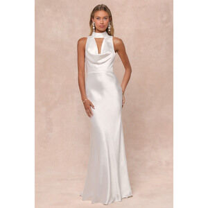 New Lulus Vow White Satin Mock Neck Cowl Mermaid Maxi Dress